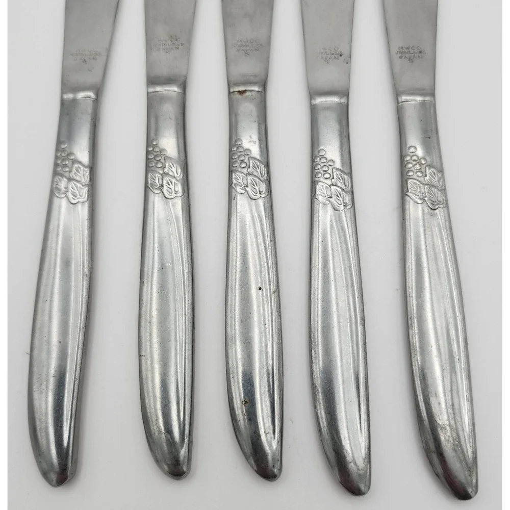 MWCO Dinner Knives Set 5 Silver Grape Vine Pattern Stainless Japan MCM Farmhouse